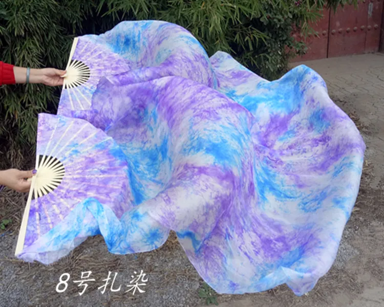 New Tie-dyed Belly Dance real silk Fan Veils for Women long flowy Stage Performance silk Fan 4 sizes