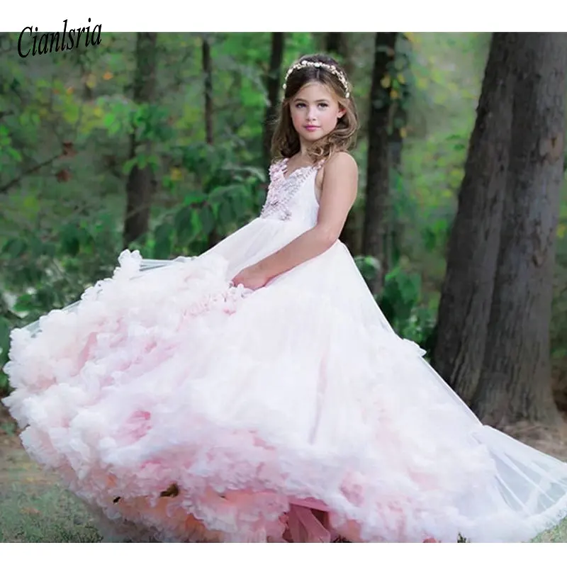 

Pink Cloud Girls Birthday Dress Spaghetti Strap Lace Up Back Tiered Tulle Flower Girl Dress for Wedding Long Toddler Party Gowns