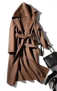 Женское шерстяное пальто с тонким поясом, 85% шерсть, 15% кашемир, с капюшоном, дизайн, однотонный пояс, высокое качество, тонкое пальто, английский стиль, новинка - Цвет: Коричневый