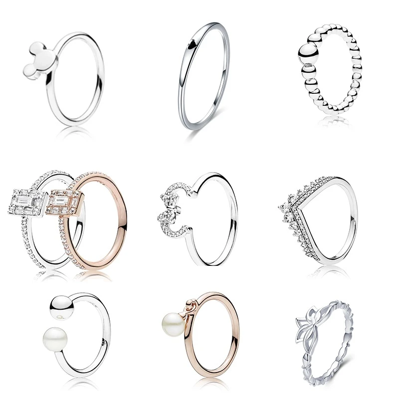 

100% 925 Sterling Silver 1:1 Contemporary Pearl Ring String Luminous Ice Disny Cartoon Mouse Silhouette Ring for Women Jewelry
