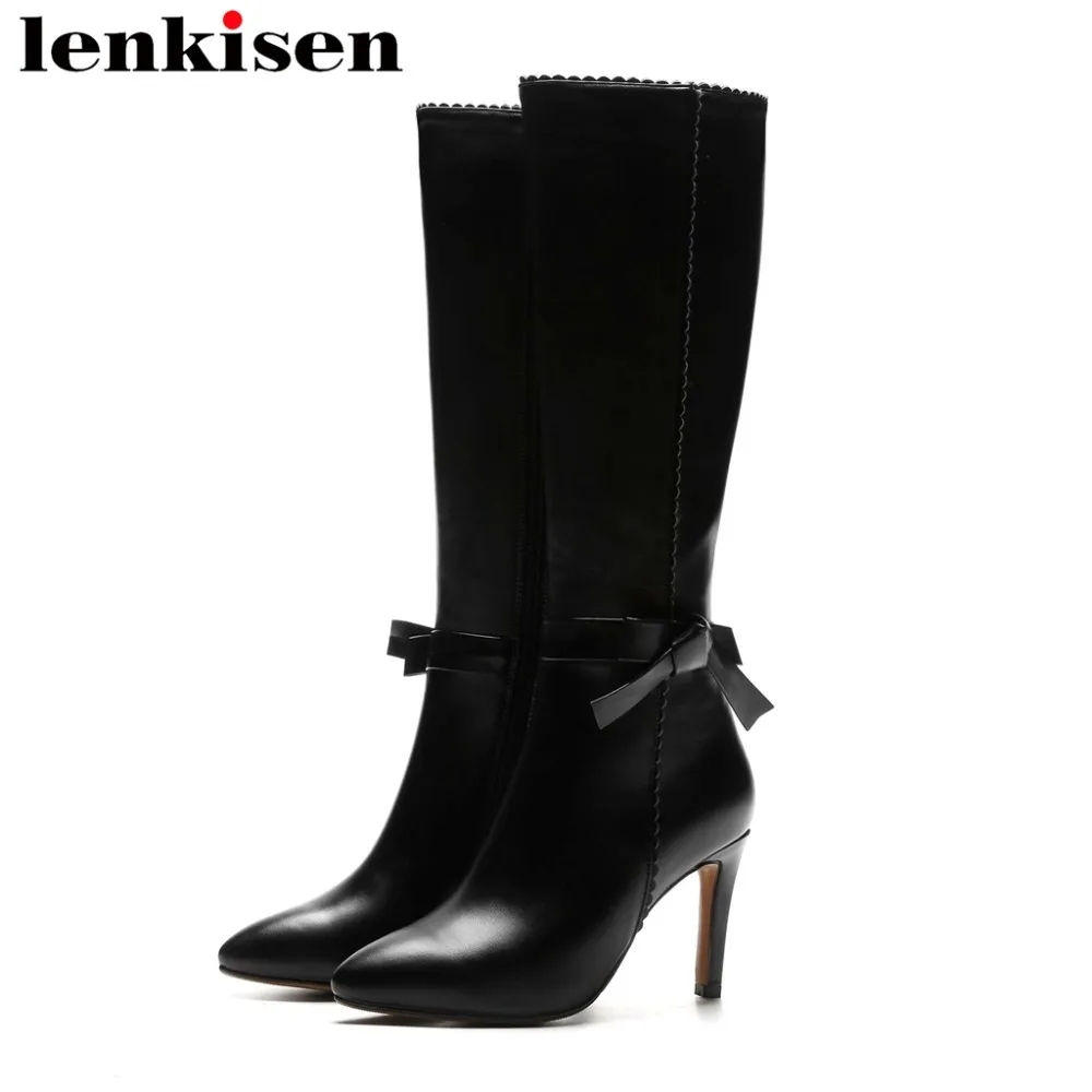 

Lenkisen genuine leather oxford pointed toe super high stiletto heels fashion runway butterfly-knot big size knee-high boots L9s
