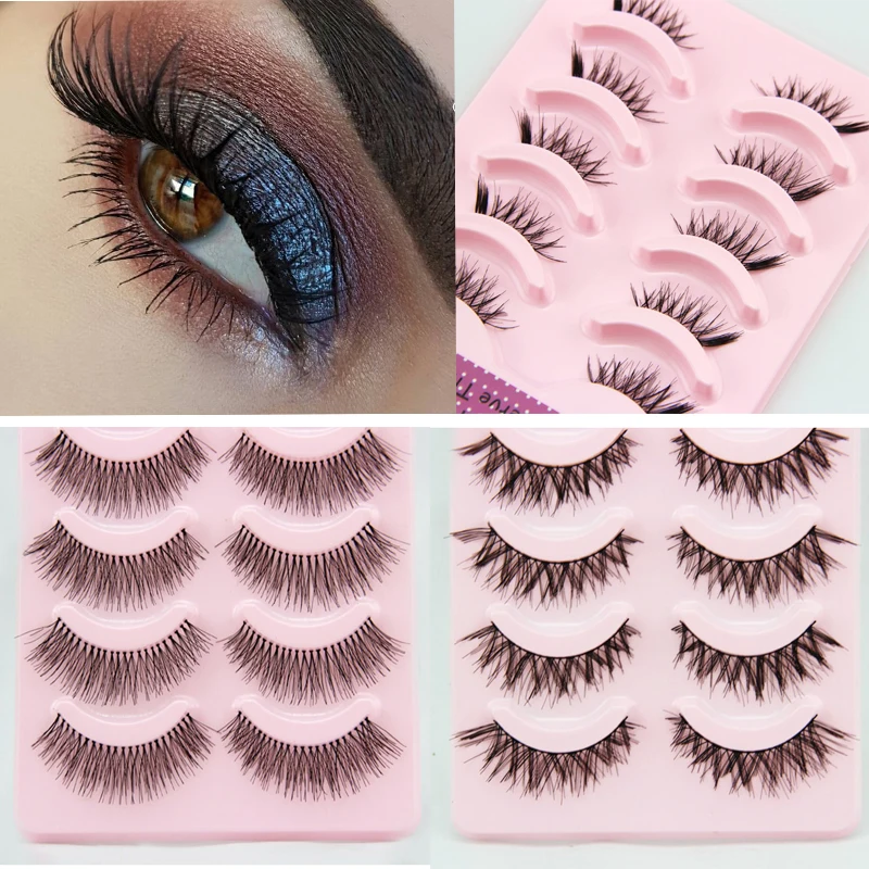 

YOKPN 3 Style Natural False Eyelash Handmade Half Natural Cross Fake Eyelash Extension Makeup Tools 1 Box 5pairs