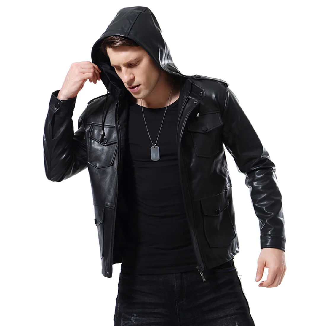 2019 Autumn New High-end Men's Motorcycle Hooded Men's Leather Jacket Leather European And American Jacket B005