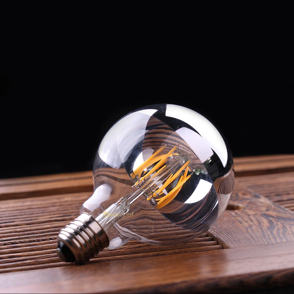 에디슨 G95 글로브 LED 전구, 밝기 조절 가능 LED 필라멘트 전구, 베이스 탑 실버 미러 램프, 드립 천장 조명, 6W, 2700K, E26, E27