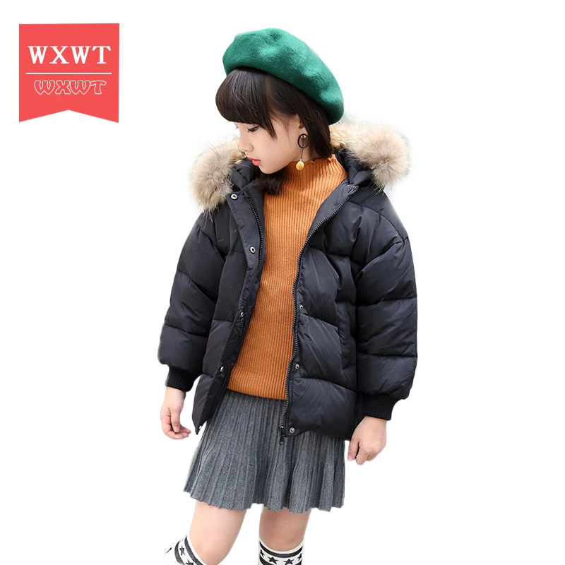 

WXWT Children Duck Down Winter Warm Jacket With Fur Baby Girl Solid Overcoat Hooded Winter Jacket Kid Clothing Coat