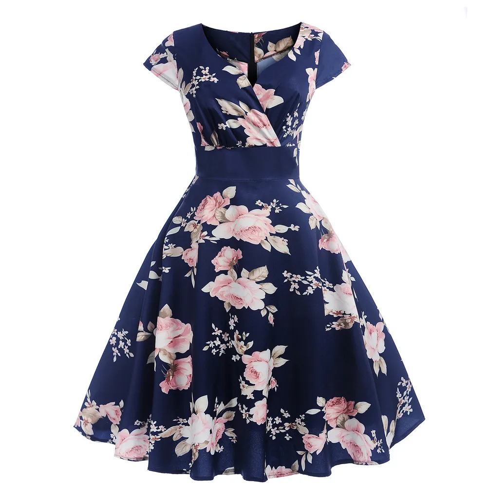 

Popular Vintage Dress Short Sleeve V Neck Flower Printing Prom Swing Dres Woman Party Night Floral Printed Fashion High-grade