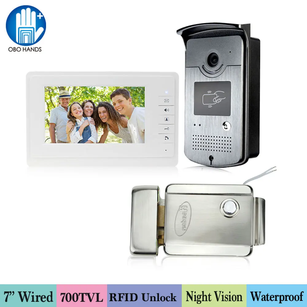

OBO HANDS RFID Wired Video Intercom System with Electric Lock Video Door Phone 125KHz Access IR Outdoor Camera 700TVL for Home