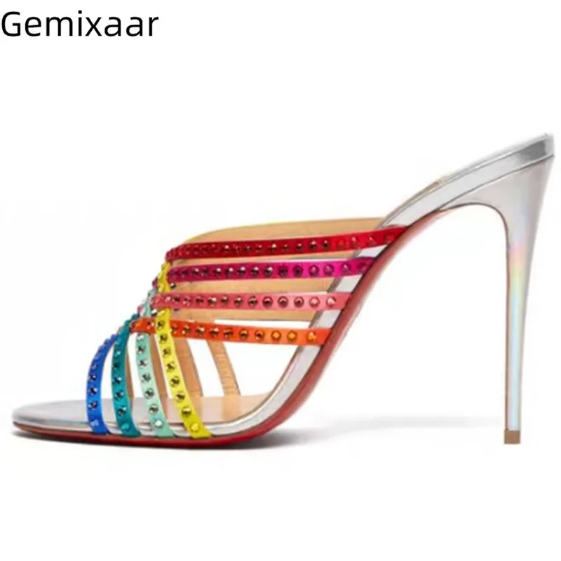 

Colorful Narrow Cross Strap Studded Rhinestone Women Shoes Peep Toe Slim Shallow Slides Sexy Thin High Heels Holiday Slippers