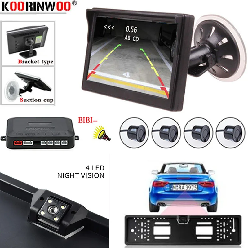 

Koorinwoo CCD 5 Reverse Car Parking Monitor European Russia License Plate Frame Rear View Camera Parktronic Sensors Radar Alert