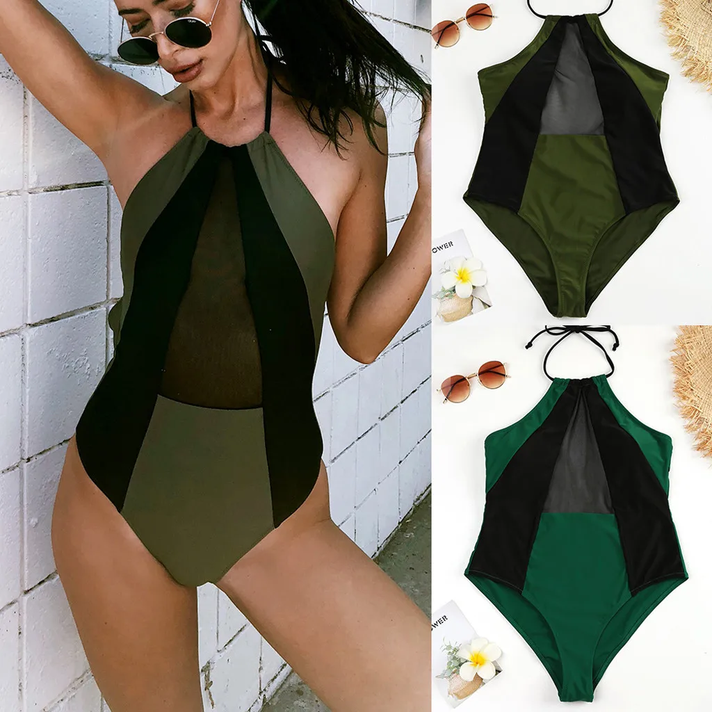 

Women's Swimming suit Bikini Halter Hanging Neck Mesh Color Block Bandage One Piece Swimsuit Halter Beachwear Female Biquin#A