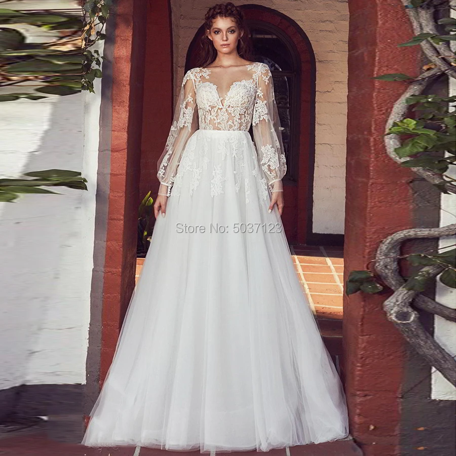 Lange Mouwen EEN Lijn Trouwjurken 2019 V-hals Kant Applicaties Backless Wedding Bruidsjurken Vestido De Noiva Hof Trein Lange Mouwen EEN Lijn Trouwjurken 2019 V-hals Kant Applicaties Backless Wedding Bruidsjurken Vestido De Noiva Hof Trein