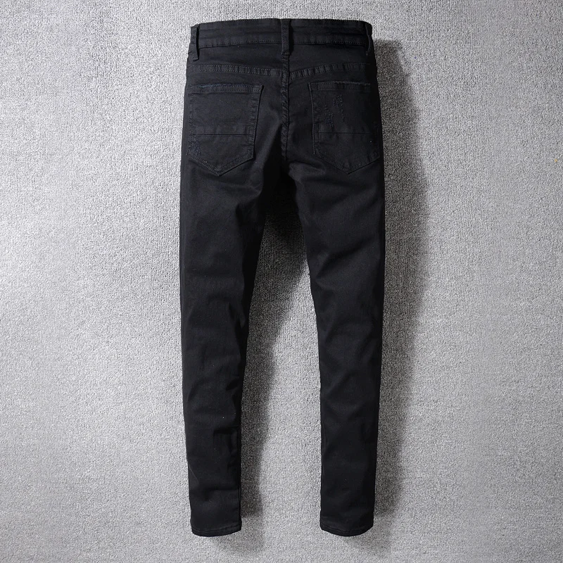 Fashion Streetwear Men Jeans Black Color Patches Designer Ripped Jeans Men Destroyed Slim Fit Hip Hop 2