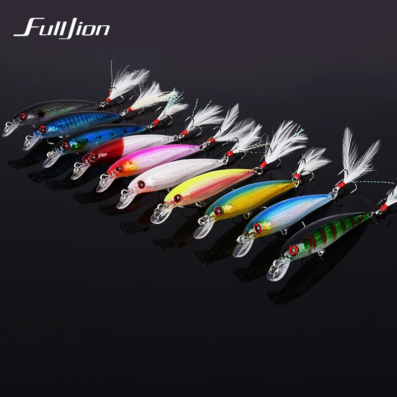 

Fulljion 1pcs Fishing Lures Float Minnow Wobblers Crankbait Artificial Hard Lures 3D Eyes Hooks With Feather Plastic Pesca Baits