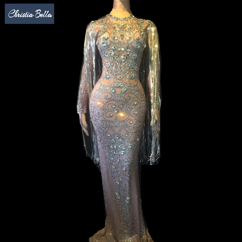 Cena Kryształy długi Tassel Party Bodycon sukienka kobiety długie rękawy Prom wesele piętro długość dżetów sukienka piosenkarka etap sukienka