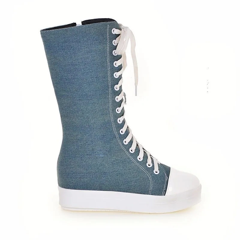 ANMAIRON/ботинки до середины икры на среднем каблуке из джинсовой ткани, женские зимние теплые модные ботинки, большие размеры 34-43, обувь на