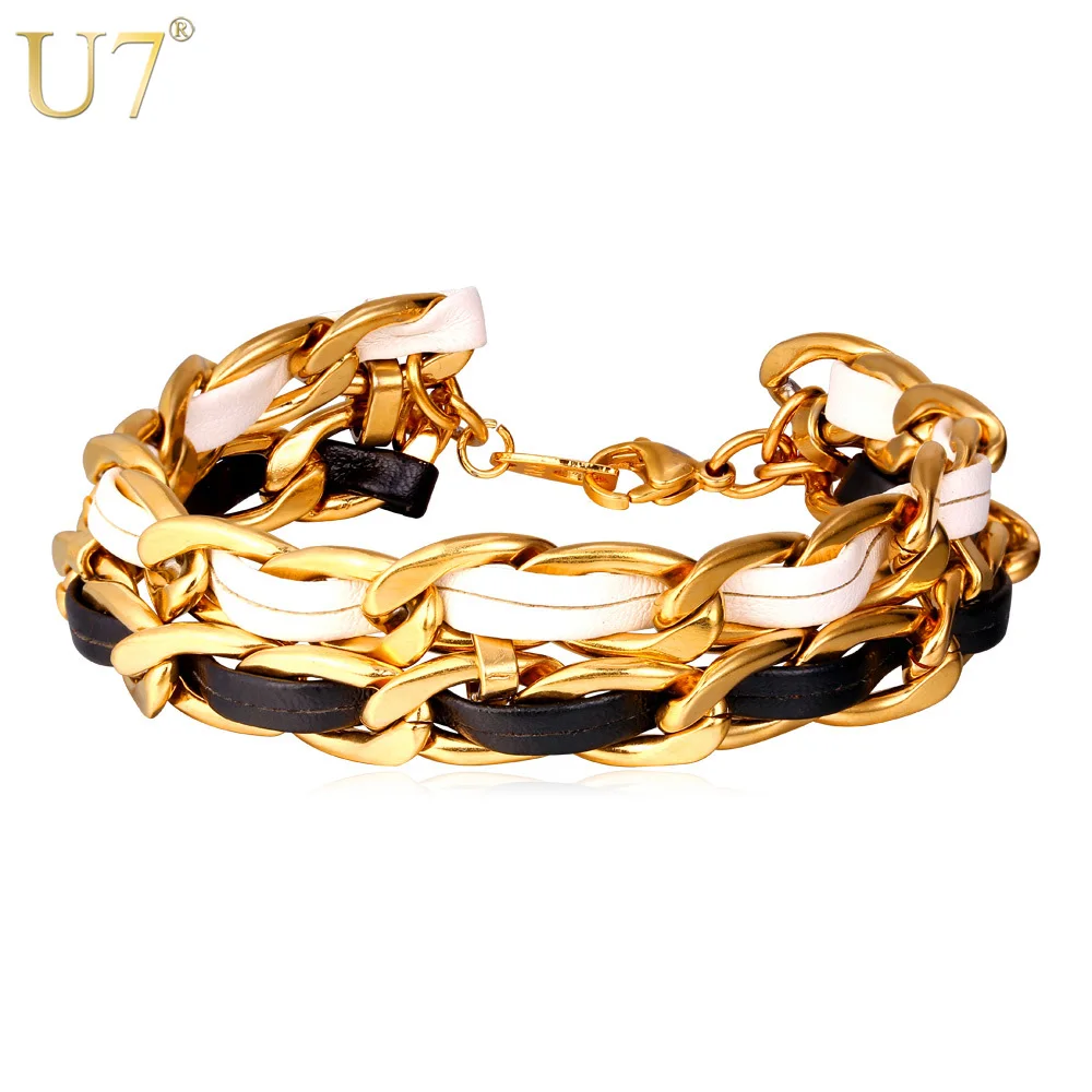 

U7 Rock Chain Leather Bracelet For Women Men Jewelry Wholesale Trendy Gold Color Cuban Link Chain Mens Bracelet H756