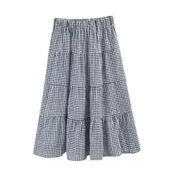 Хлопковая и льняная клетчатая юбка на весну и лето, длинная юбка трапециевидной формы с разрезом, модная темпераментная юбка