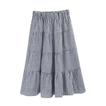 

Cotton and linen plaid skirt Spring and summer long section splicing A-line skirt fashion temperament skirt