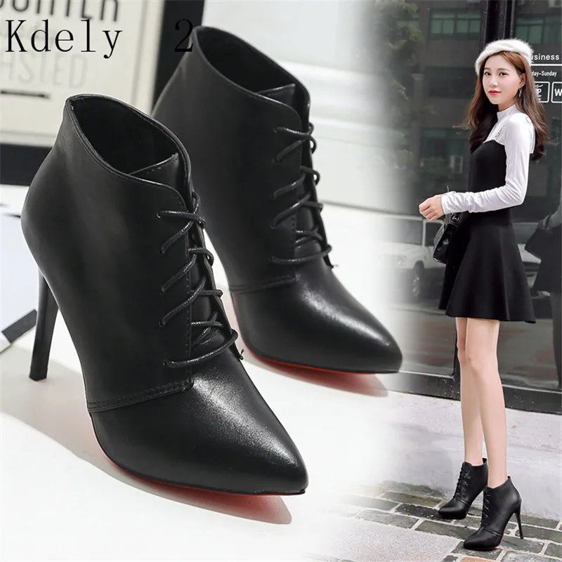 

Women Pointy lace-up Bnkle Boots Women Genuine Leather Winter Boots pointed toe black stiletto heels High Heel Shoessize34-42