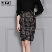 Высокое качество, женские прямые юбки до колена из овчины с принтом, высокая талия, натуральная кожа, облегающая юбка карандаш с кружевом