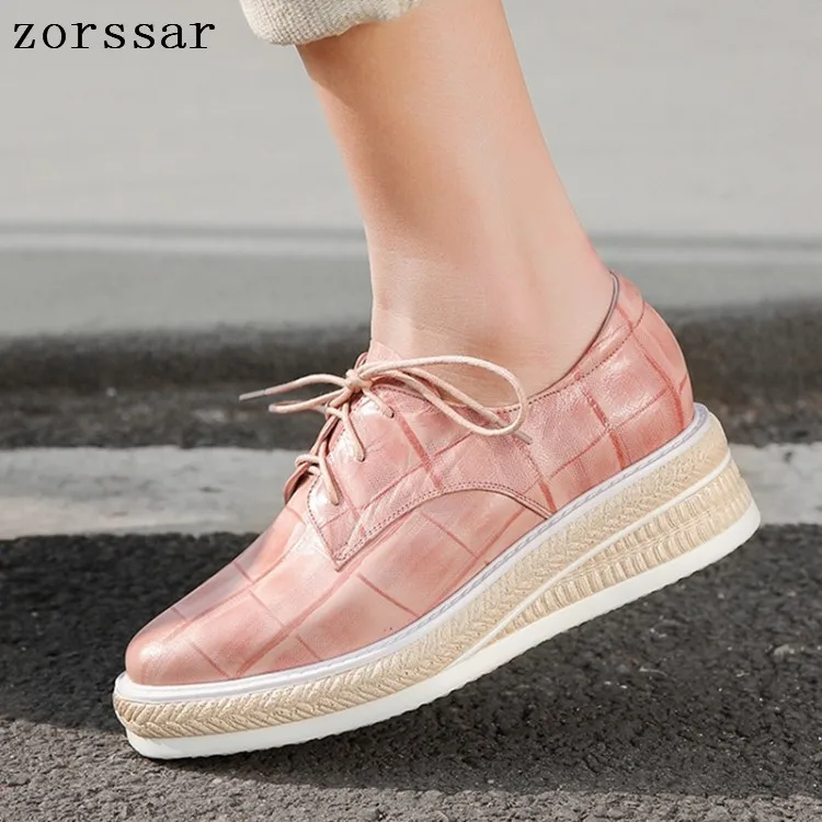 

2019 Spring New women flats Genuine leather platform sneakers women shoes ladies casual lace up flats creepers moccasins