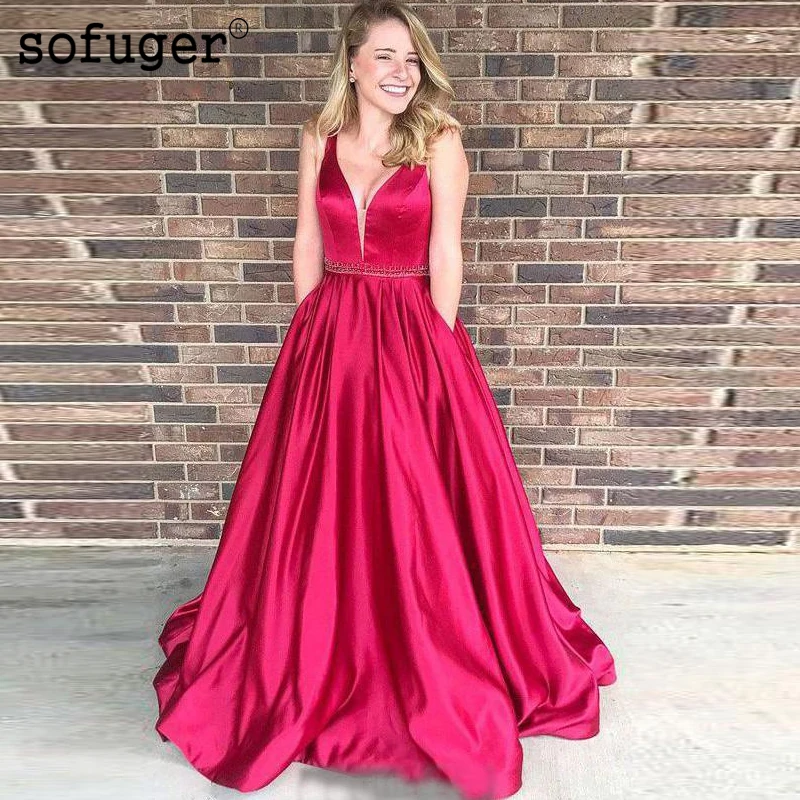 Sofuge V шеи красный Кушак Бисероплетение Пояс Vestidos De Fiesta De Noche длинное атласное вечернее платье Арабский мусульманский особенный случай