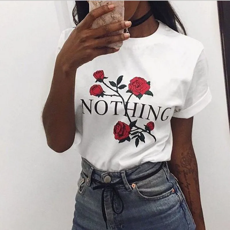 Nothing Letter Print T Shirt Rose Harajuku T-Shirt Women 2018 Summer Casual Short Sleeve TShirt White Gray Punk Shirts Nothing Letter Print T Shirt Rose Harajuku T-Shirt Women 2018 Summer Casual Short Sleeve TShirt White Gray Punk Shirts