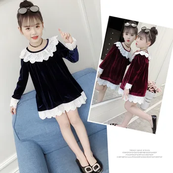 

2019 New Girl Gold Velvet Spring Autumn Princess Dress Girls Kids Lace Princess Dresses Children Clothes