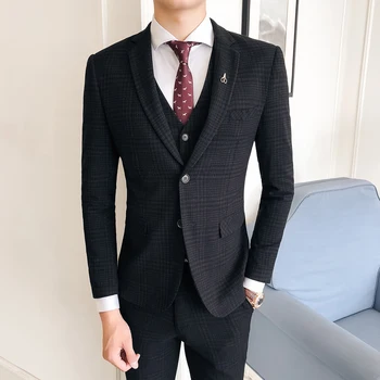 

2019 Newest Gentleman Two Buckle Classic Dark Character Elastic Fabric Slimming Suit Set
