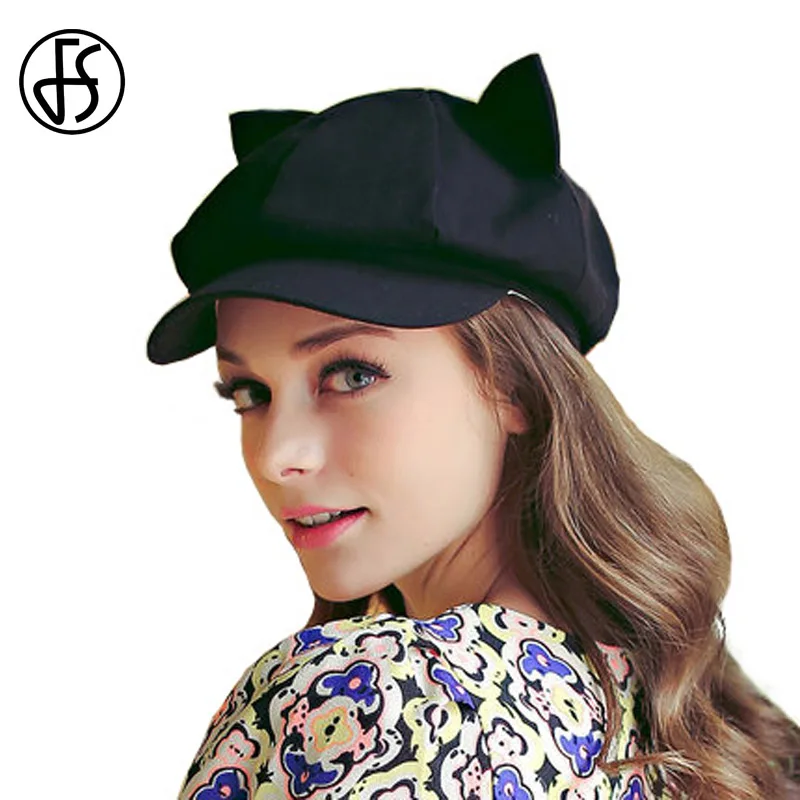 

FS Women Summer Beret Rabbit Ears Hat Wide Brim Visor Caps Black Pink Casual Korean Hat Chapeau Adjustable Artist Cap