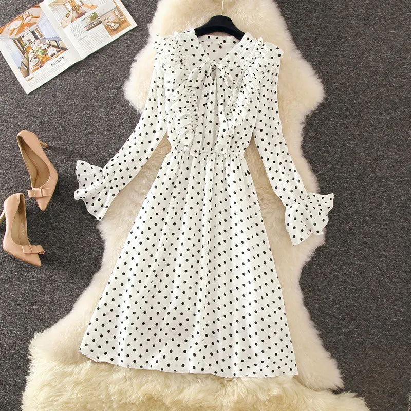 

2019 new Spring Autumn Bow Chiffon floral Wave Dress Elegant Long Sleeve Women's Dresses v489