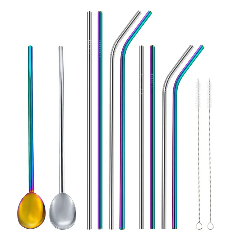 

1 Set Eco-Friendly Reusable Spoon Pipette 304 Stainless Steel Beverage Coffee Spoon Straight Bent Straw Set Kitchen Bar Tool
