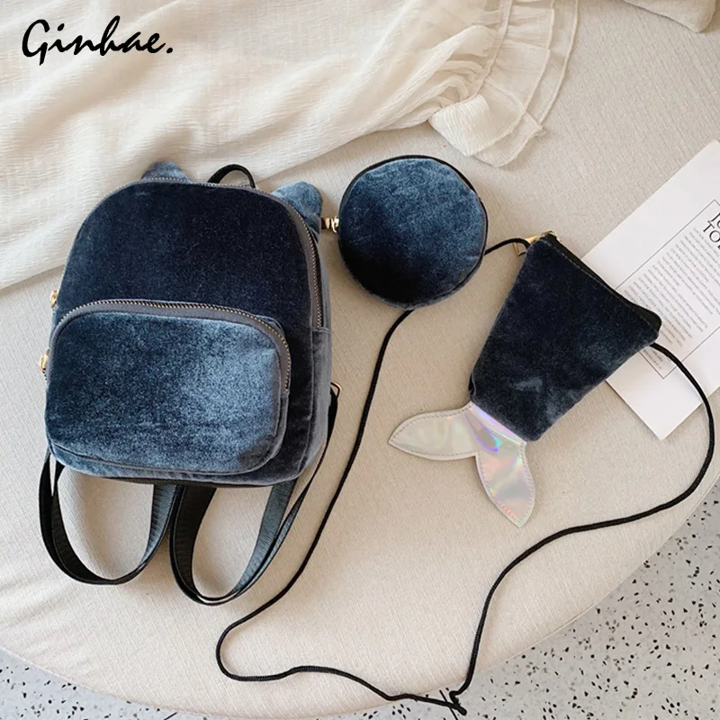 

3Pcs Small Velvet Set Backpack Women Cute School Bags For Teenage Girls Casual Backpack+ Laser Solid Shoulder Bag+ Simple Purse