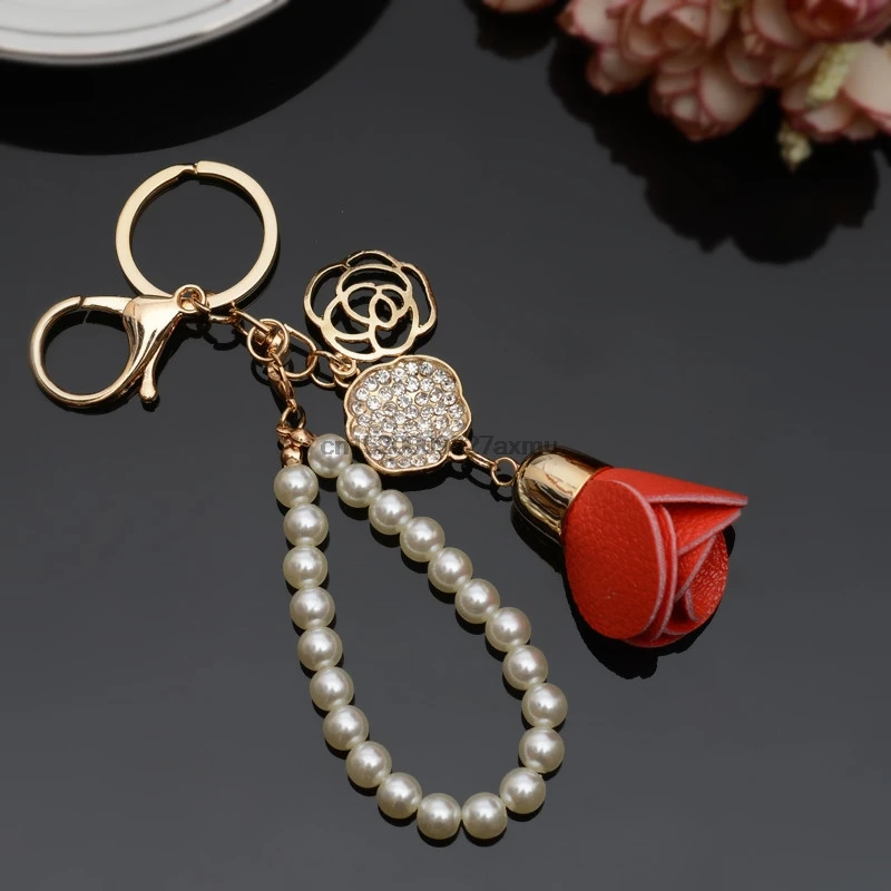 100PCS Camellia Leather Tassels Keychain Bag Pendant Car Ornaments Creative Gifts Long Key Chain Buckle Ring | Украшения и