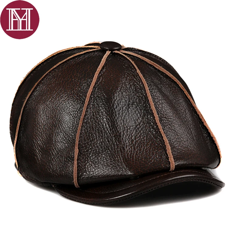 2017 Brand Genuine Cow Leather Hat Cap Headgear Cowhide Warm winter