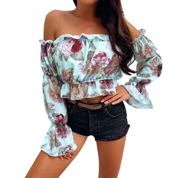 

Women Off Shoulder Floral Blouse Shirt New Sexy Tops Lady Loose Flower Print Shirt Summer Fashion 3/4 Sleeve Slash Neck Clothes
