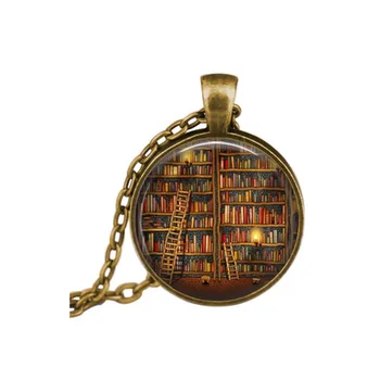 

2017 New Arrival Inspirational Vintage Library and Books Pendant Necklace Book Lover Glass pendant Jewelry Best Gifts To Friends