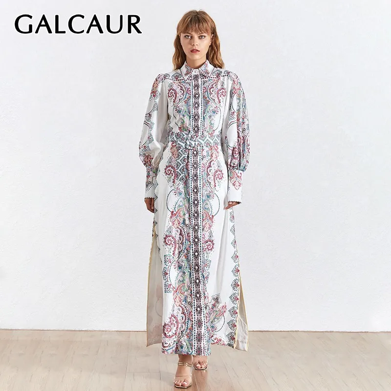 

GALCAUR Print Side Split Dress For Women Lapel Collar Lantern Sleeve Midi Dresses Female Fashion Summer Clothing 2019 New
