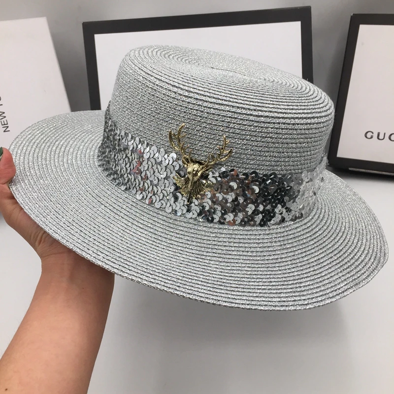 

Spring/summer vintage sequins woven straw hat ladies fashion wide eaves sunscreen travel sunshade flat hat silver