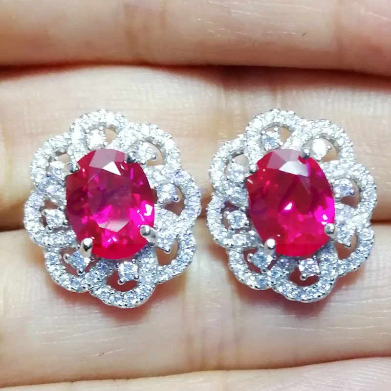 

Ruby flower stud earring Free shipping 925 sterling silver Fine jewelry 2.2ct*2pcs gemstone #B951703