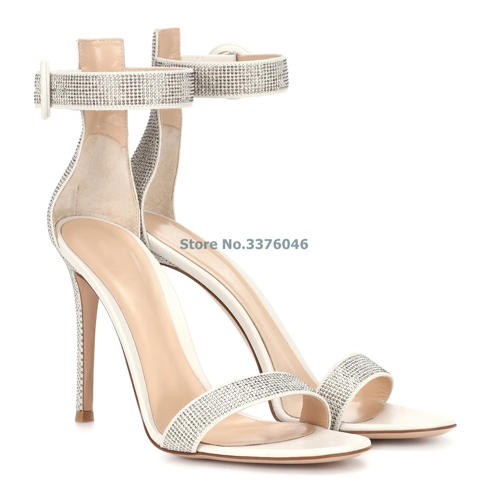

Open Toe Single Strap Thin High Heel Sandals Off White Bling Bling Crystal Ankle Buckle Strap Summer Shoes Elegant Party Shoe