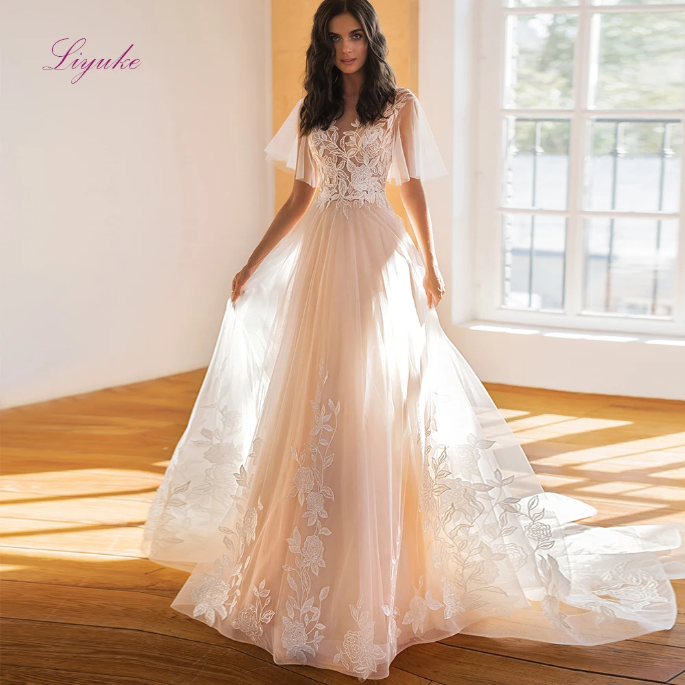 

Liyuke 2019 Married A-line Wedding Dress Lace Flower Appliques Pattern Beading Sequins Flare Sleeves Customized