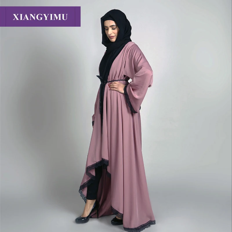 

F806 Fashion Muslim Womens Lace Robe Ramadan Clothing Kimono Islamic Lace Splicing Long Coat Middle East Long Robe Abaya Femme