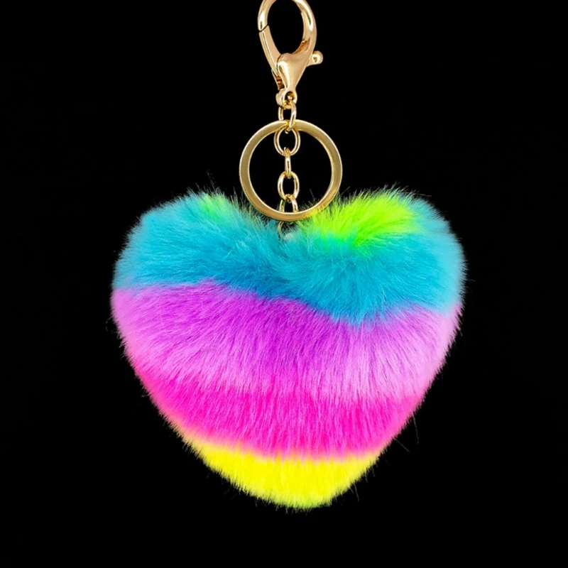 

Plush Rainbow Heart KeyChain Bag Hang Plush Toy Pendant Pop Pom Keyring