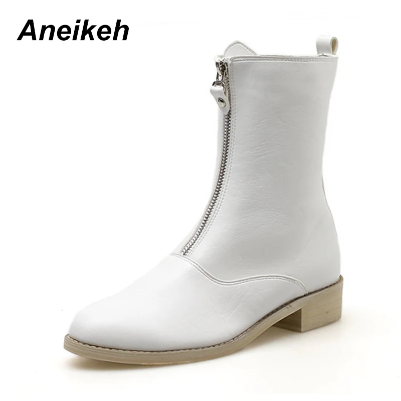 

Aneikeh 2019 NEW Women's Winter Boots mid-calf Boot PU Leather Women Flat Boots Double Zip Short Plush Autumn Womens Shoes