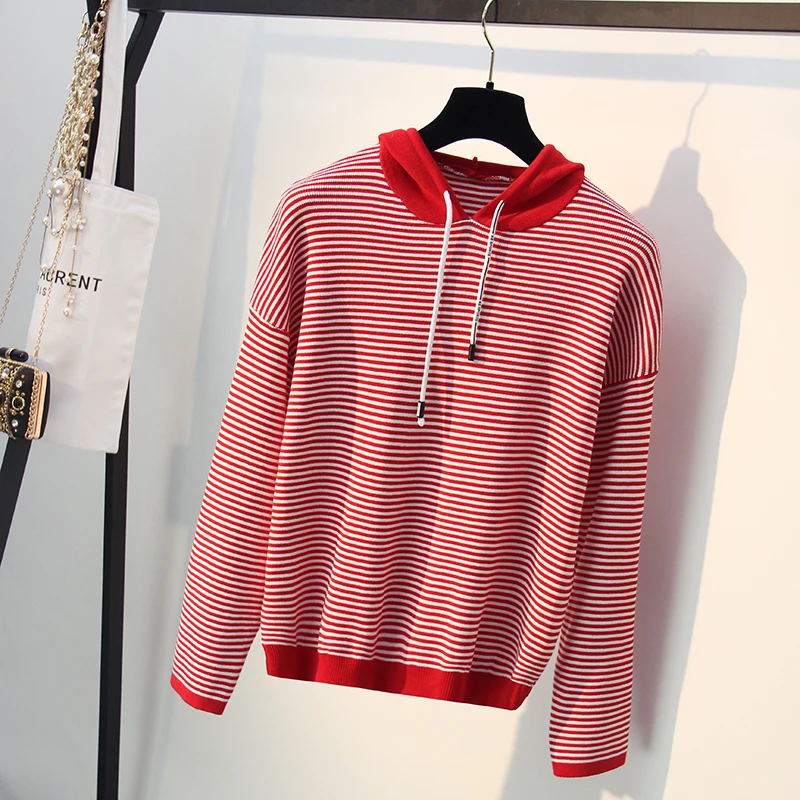 LANTIN'S 2018 FALL WINTER SWEATERS WITH WOVEN HOODED stay cord . TAPE LADIES WOMAN STRIPED LINE PULLOVER DROP SHOULDER. X227