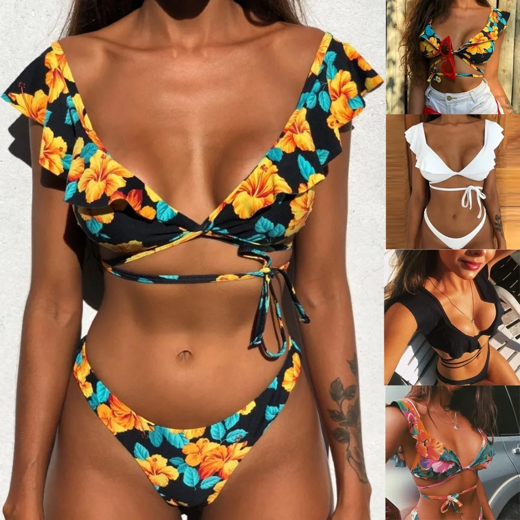 

Womail 2019 Retro Flounce Bandage Print Bikini Halter Neck Two Piece Swimsuit bathing suit women high waist sexy bikini set @3