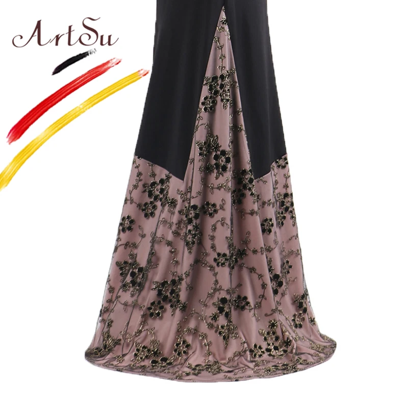 ArtSu/черные вечерние платья в пол в стиле Русалочки, винтажное платье с открытыми плечами и цветочной вышивкой, кружевное Макси платье Vestidos для женщин