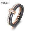 YiKLN-anillos de boda con cristal de cerámica para mujer y niña, 2 capas, negro/blanco, joyería de acero inoxidable, oro rosa, compromiso, YR18054 ► Foto 1/6