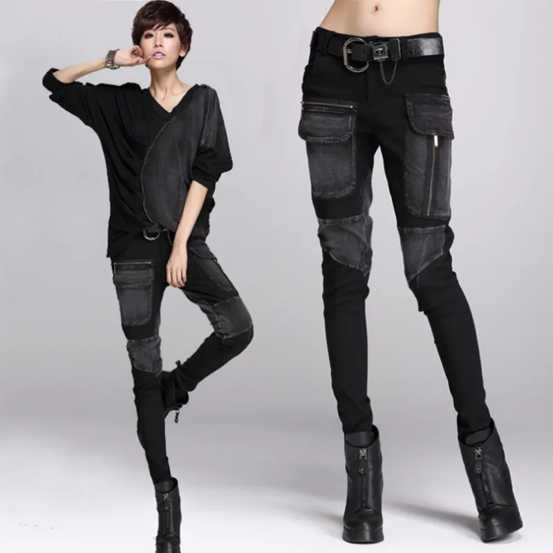 

Europe Black Personality zipper cowboy pencil pants autumn winter baggy casual denim women Loose jeans long pants plus size